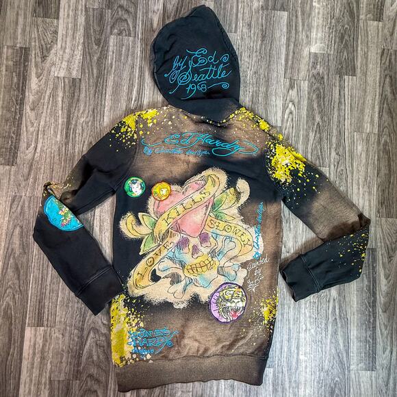 Ed Hardy Tattoo Art Hoodie S Dragon Geisha Tiger Love Kills Spray Zip Jacket - Picture 2 of 15